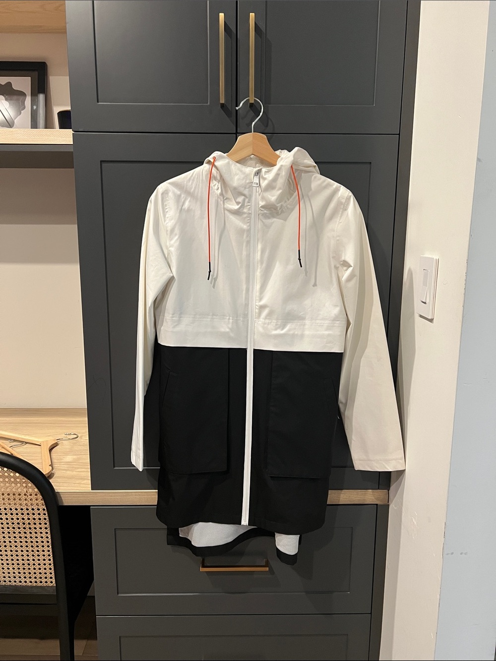 MPG White and Black Hooded Colorblock Rain Jacket with Orange Drawcords